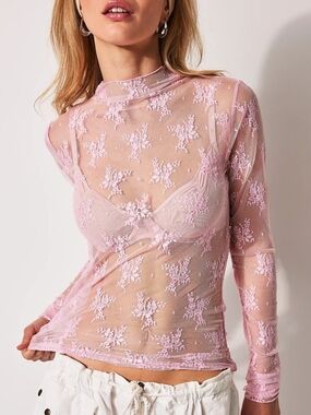 Women's Pink Sheer Lace Long-Sleeve Top- New Arrival